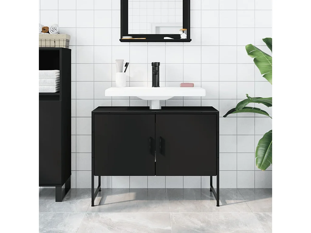 Armoire lavabo de salle de bain noir 80x33x60 bois ingénierie