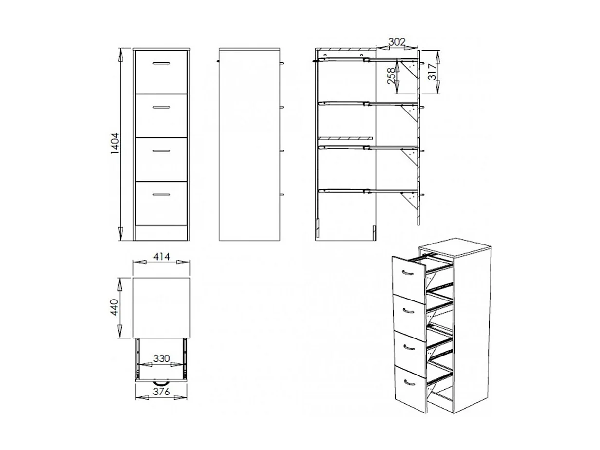 Archiefkast 4 lades zwart hangmappen kantoor H140 cm