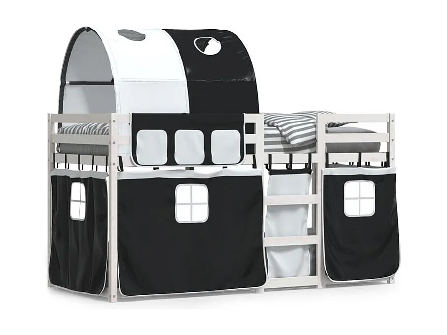 Lit superposé avec rideaux blanc-noir 90x200 bois pin massif