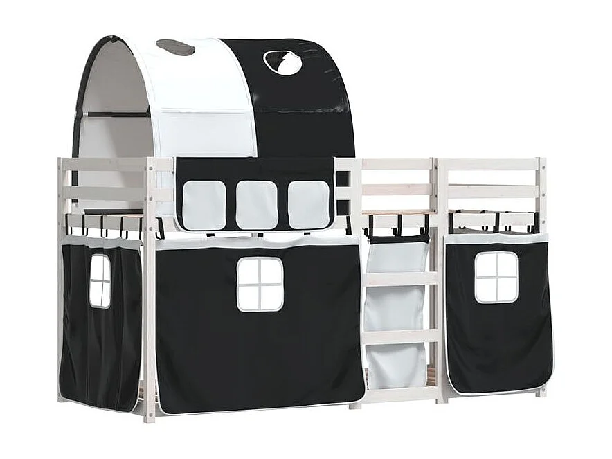 Lit superposé avec rideaux blanc-noir 90x200 bois pin massif