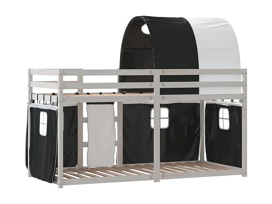 Lit superposé avec rideaux blanc-noir 90x200 bois pin massif