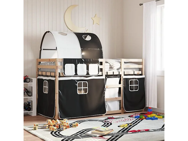 Lit superposé avec rideaux blanc-noir 90x200 bois pin massif