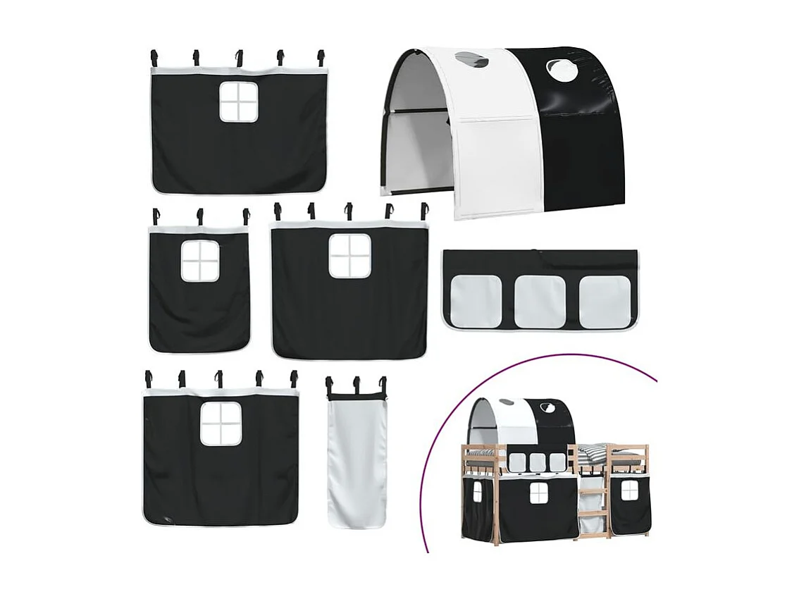 Lit superposé avec rideaux blanc-noir 90x200 bois pin massif