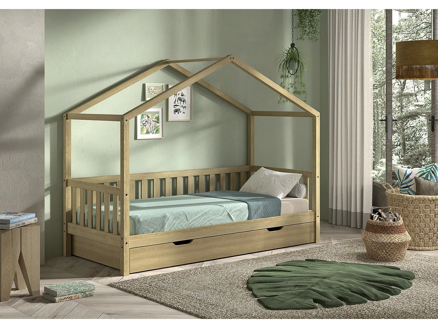 Lit cabane avec tiroir lit VIKAZ 90x200 - Chêne massif naturel