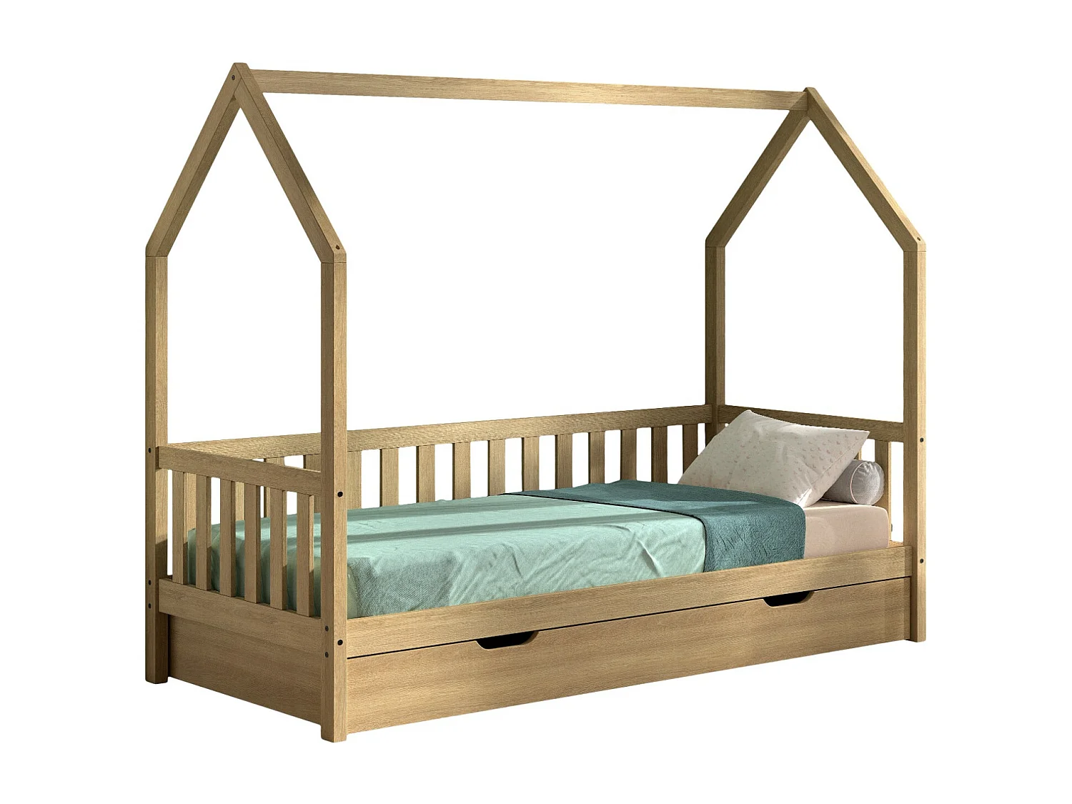 Lit cabane avec tiroir lit DALLAS 90x200 - Chêne massif naturel