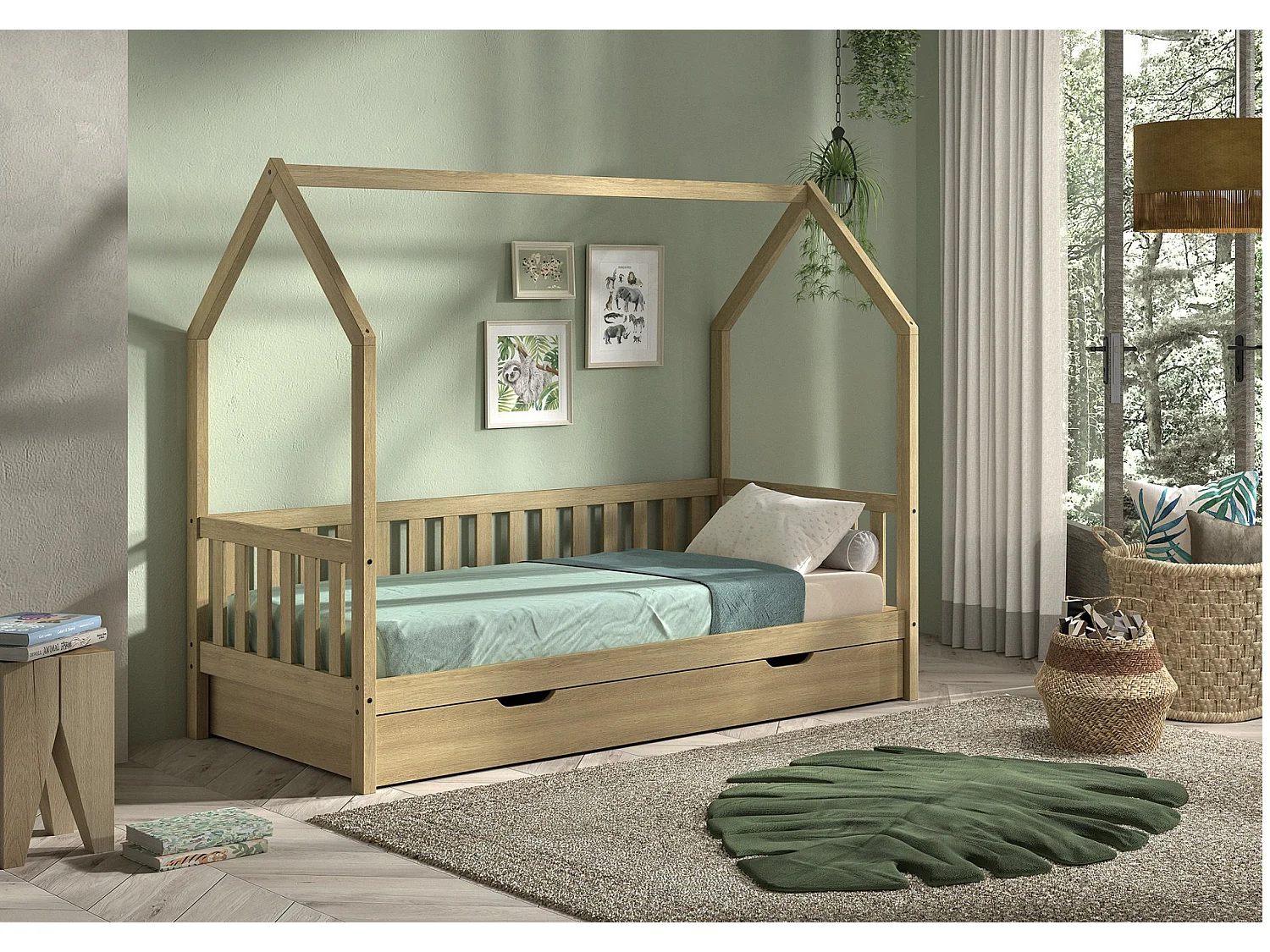 Lit cabane avec tiroir lit DALLAS 90x200 - Chêne massif naturel