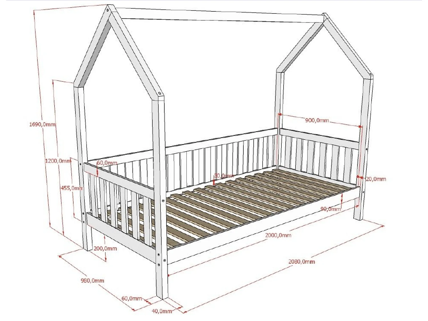 Lit cabane avec tiroir lit DALLAS 90x200 - Chêne massif naturel