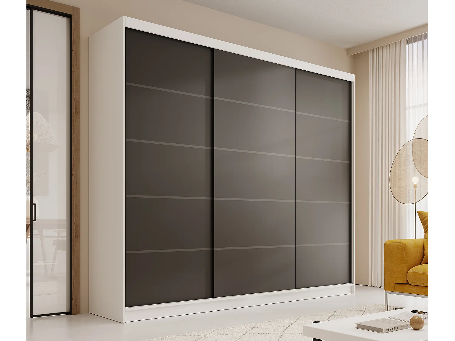 Armoire coulissante 3 portes ANLY 250cm – Grand dressing moderne et fonctionne-Blanc/Noir