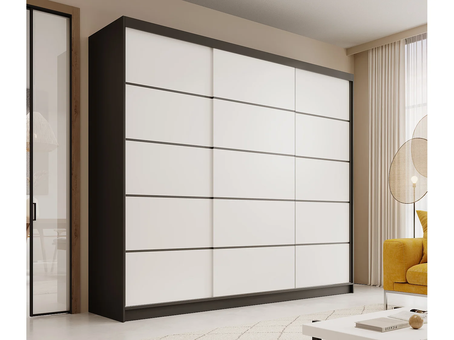 3-deurs schuifdeurkast van ALLEEN 250 cm – Grote, moderne en functionele kleedkamer-Kleur Zwart en wit