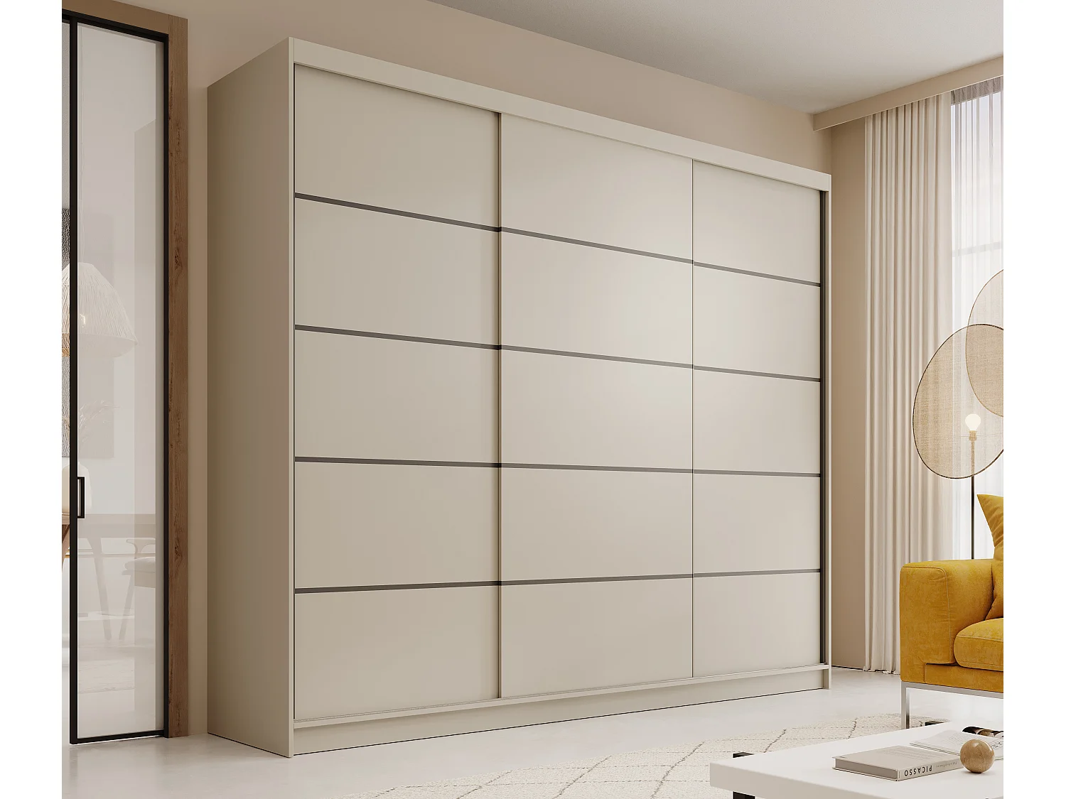 3-deurs schuifdeurkast van ALLEEN 250 cm – Grote, moderne en functionele kleedkamer-Kleur Zwart en wit