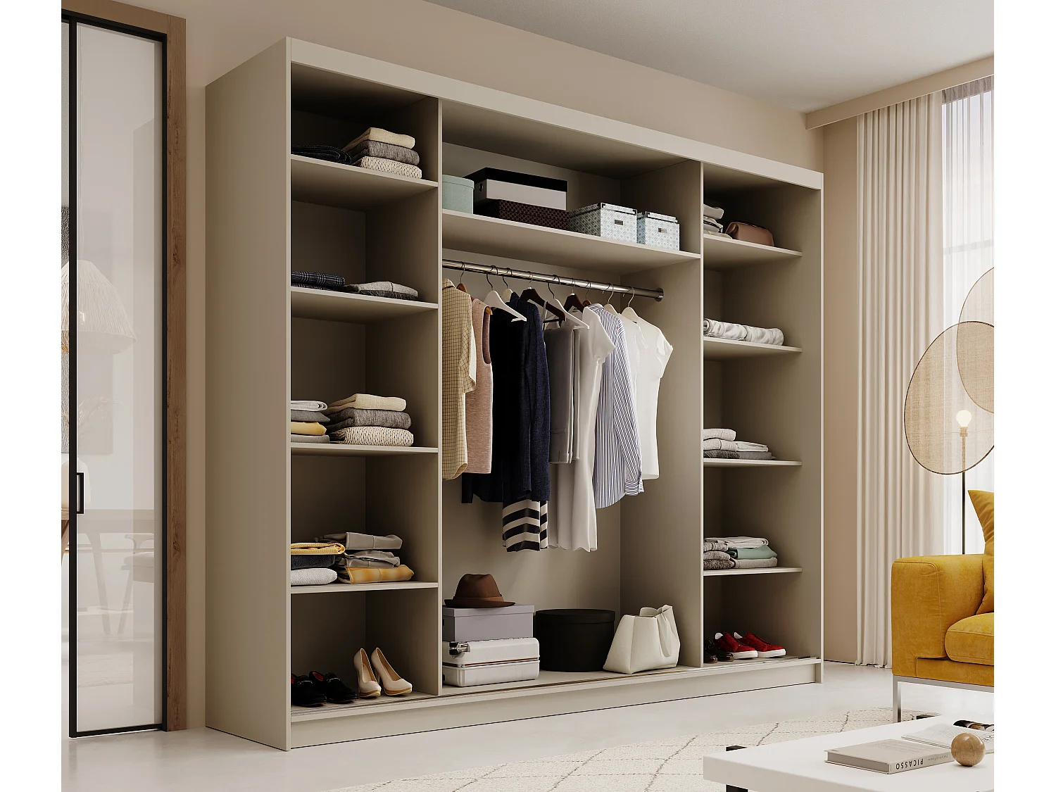 3-deurs schuifdeurkast van ALLEEN 250 cm – Grote, moderne en functionele kleedkamer-Kleur Zwart en wit
