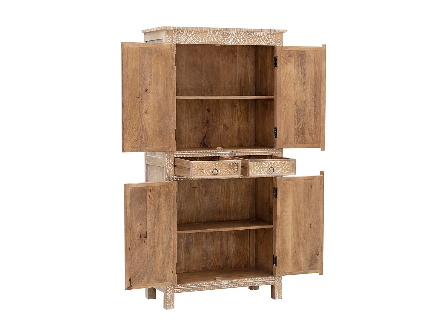 Armoire de salon ALAMBIA – Bois massif de manguier blanchi – 4 portes 2 tiroirs – 110cm