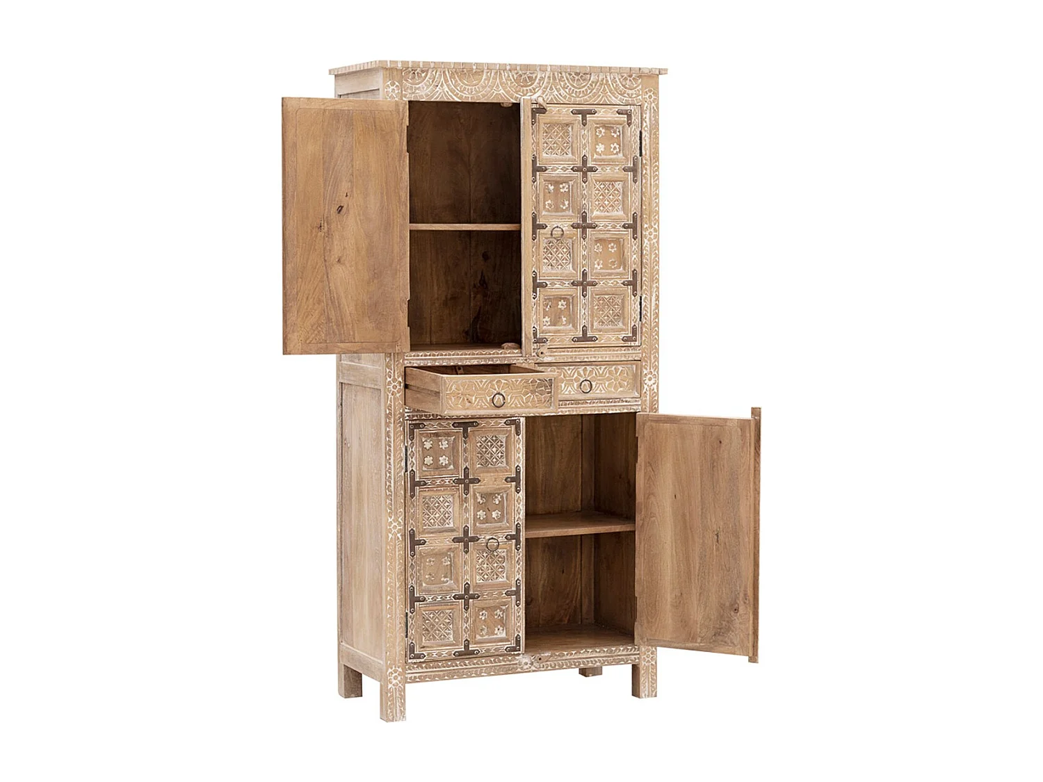 Armoire de salon ALAMBIA – Bois massif de manguier blanchi – 4 portes 2 tiroirs – 110cm