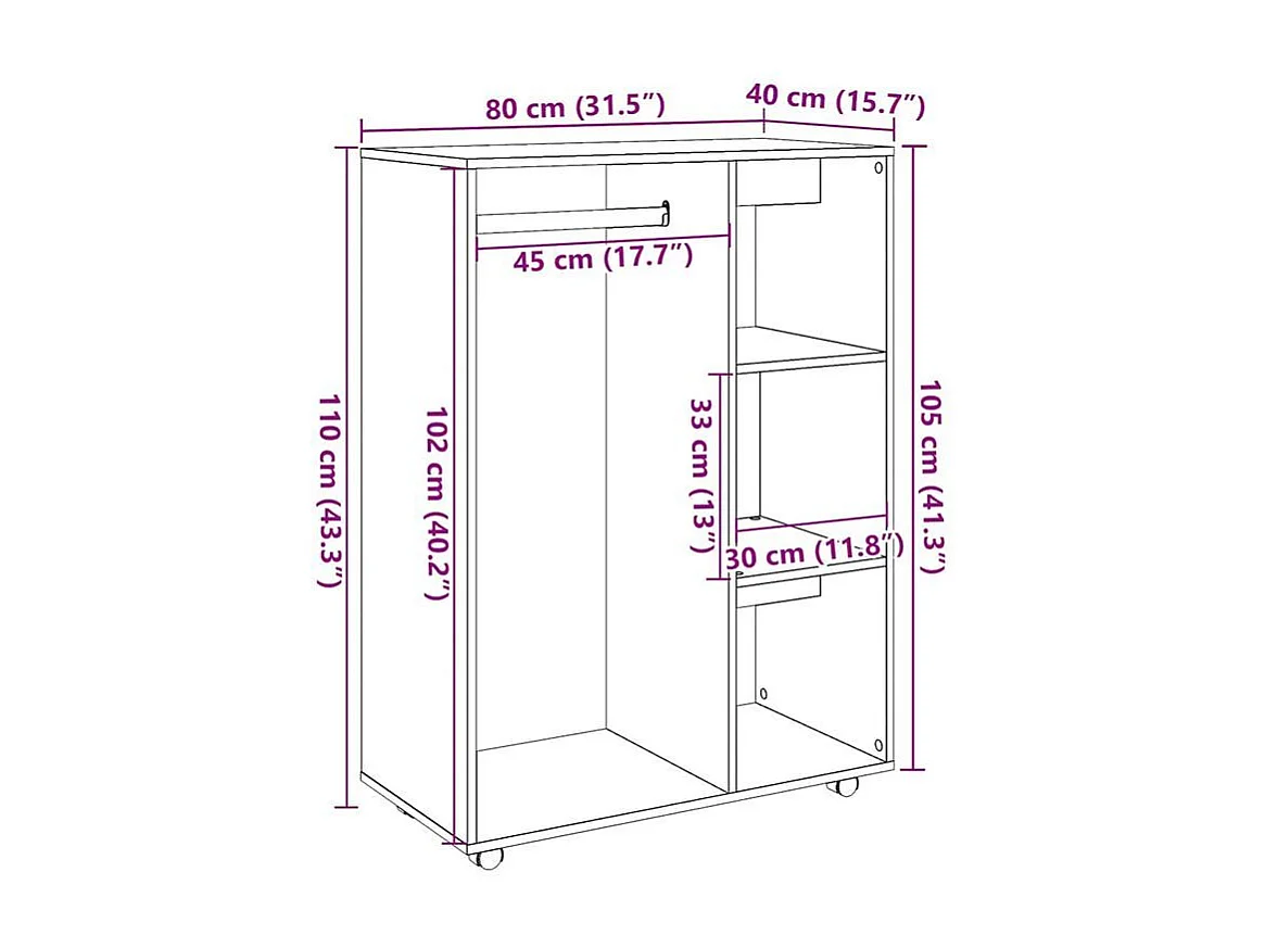 Petite armoire dressing sur roulette 1 penderie 3 étagère 80cm - Collection Event-Marron noisette