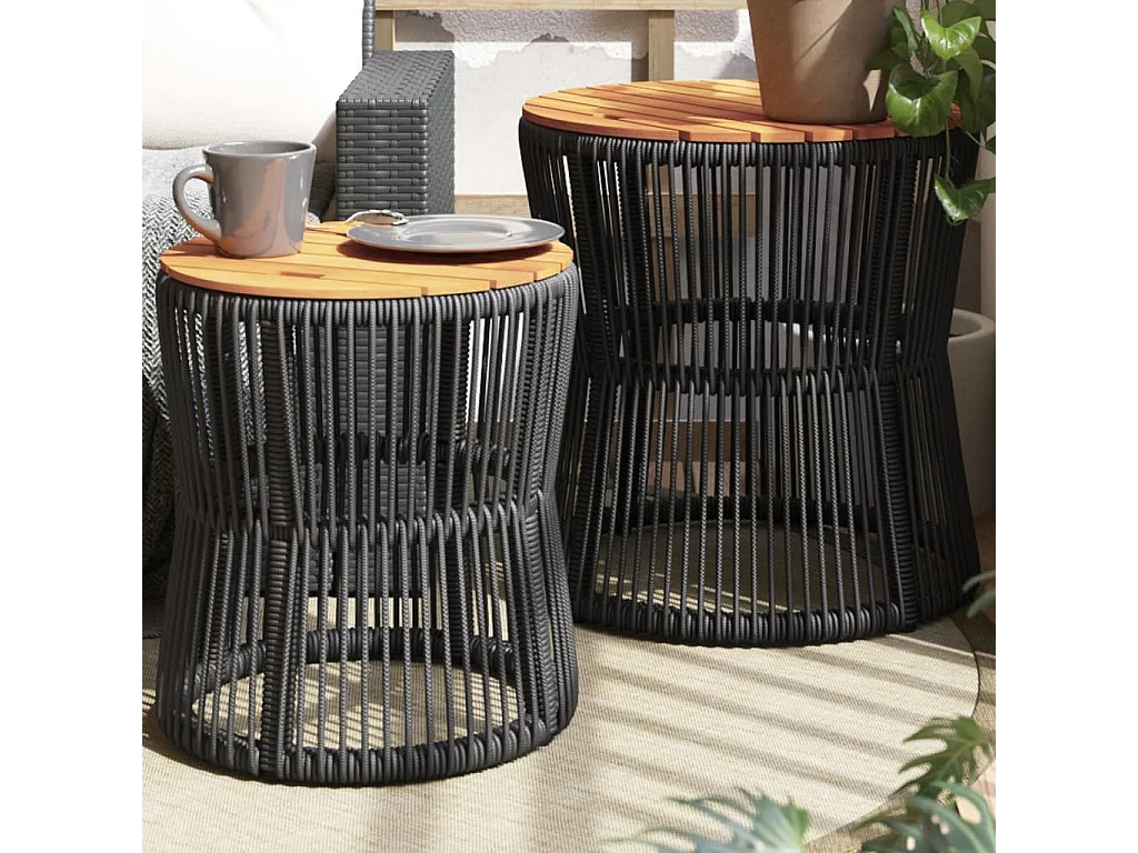 Table d'appoint de jardin 2 pc dessus en bois noir poly rotin