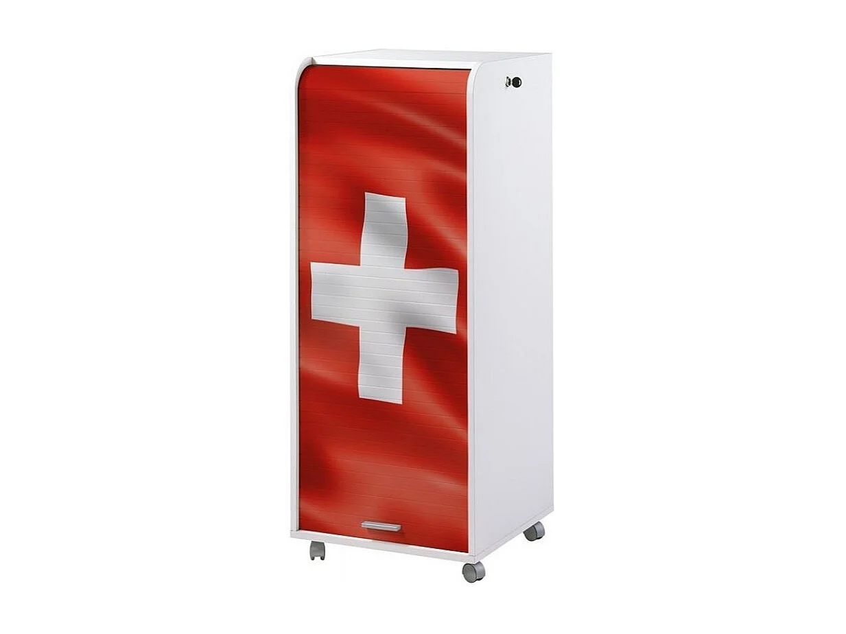 Grand caisson à rideau sur roulettes 3 tiroirs blanc imprimé drapeau Suisse Orga 108cm