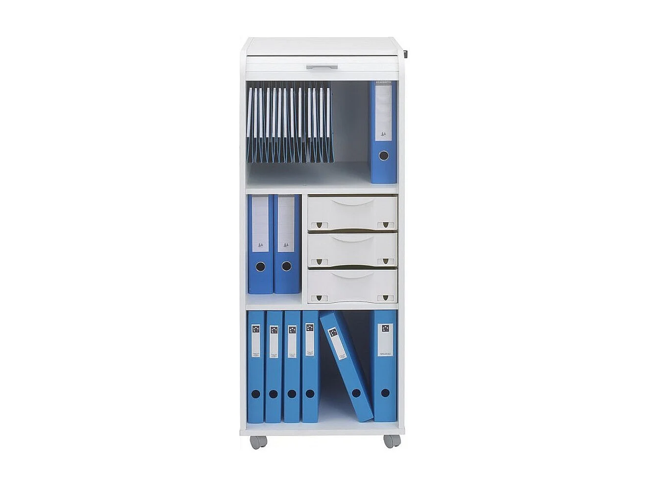 Grand caisson à rideau sur roulettes 3 tiroirs blanc imprimé drapeau Suisse Orga 108cm