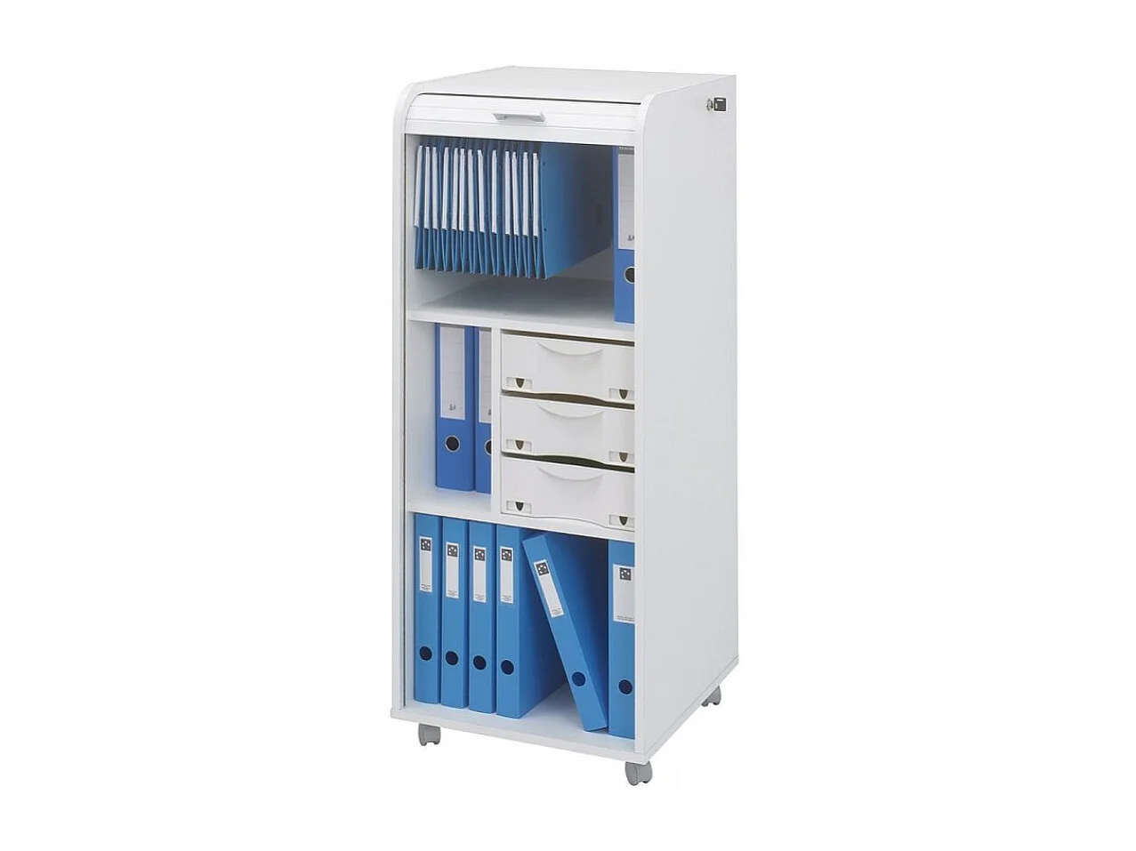 Grand caisson à rideau sur roulettes 3 tiroirs blanc imprimé drapeau Suisse Orga 108cm