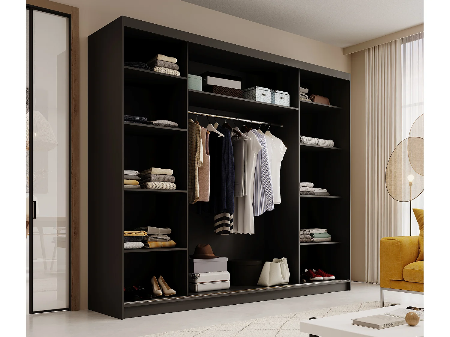 Armoire coulissante 3 portes ANLY 250cm – Grand dressing moderne et fonctionne-Noir