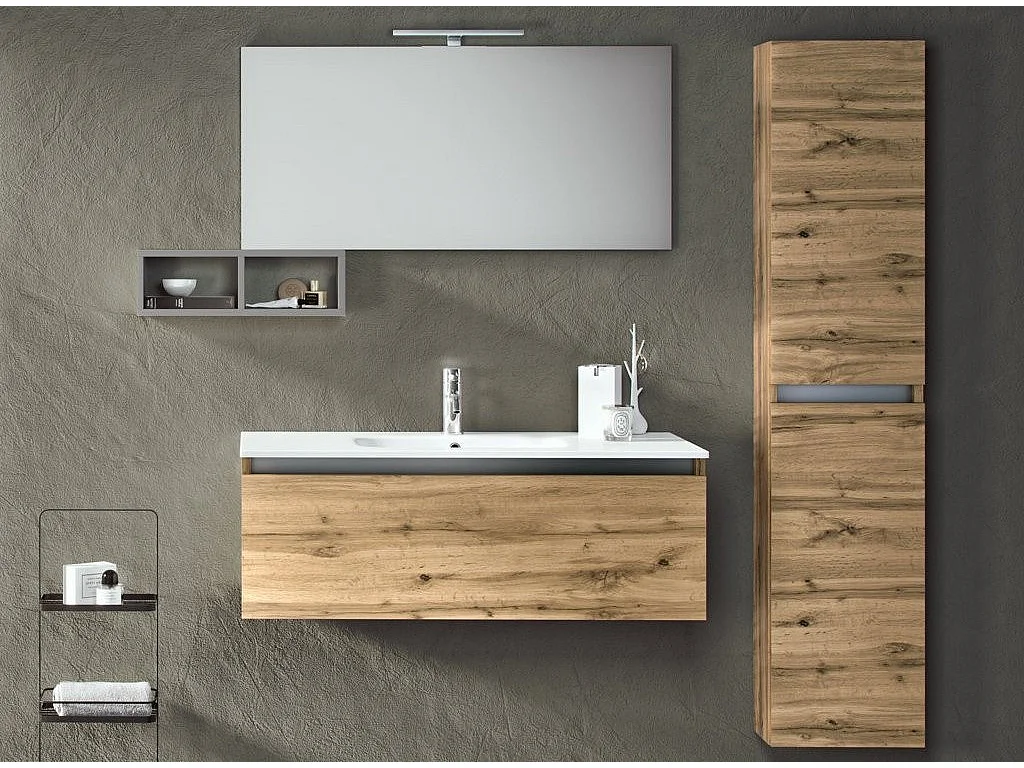 Meuble de salle de bain mélaminé chêne clair 1 tiroir Teph L 100cm