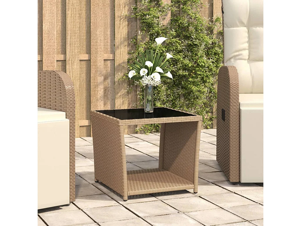 Table à thé dessus en verre beige Résine tressée verre trempé