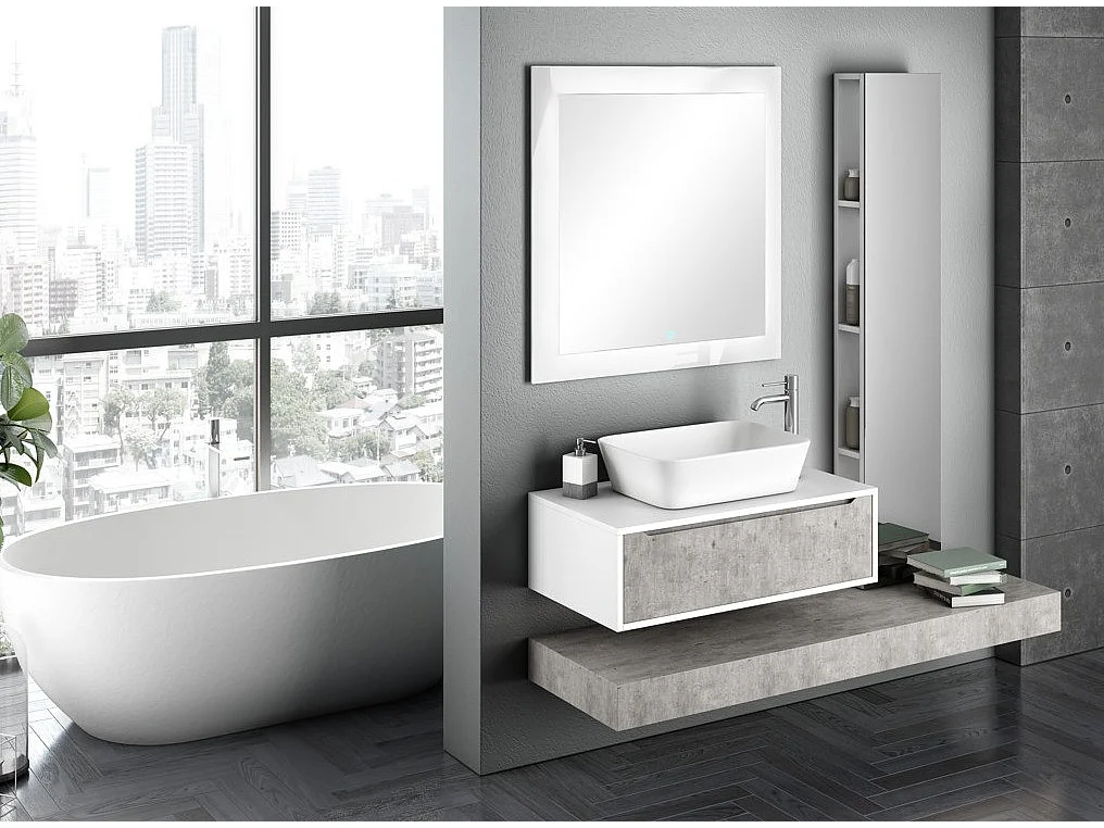 Meuble de salle de bain laqué blanc et effet béton 1 tiroir Selb L 90cm