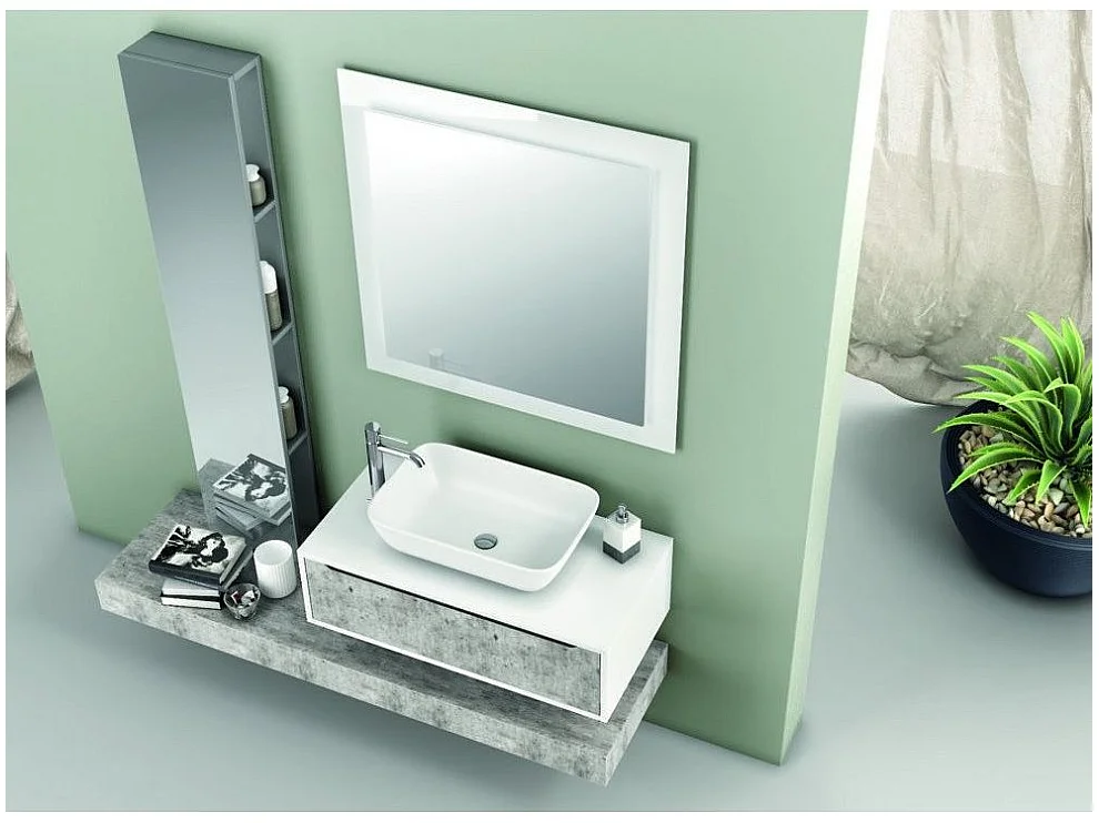Meuble de salle de bain laqué blanc et effet béton 1 tiroir Selb L 90cm