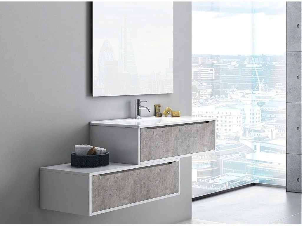 Meuble de salle de bain laqué blanc et effet béton 1 tiroir Selb L 90cm