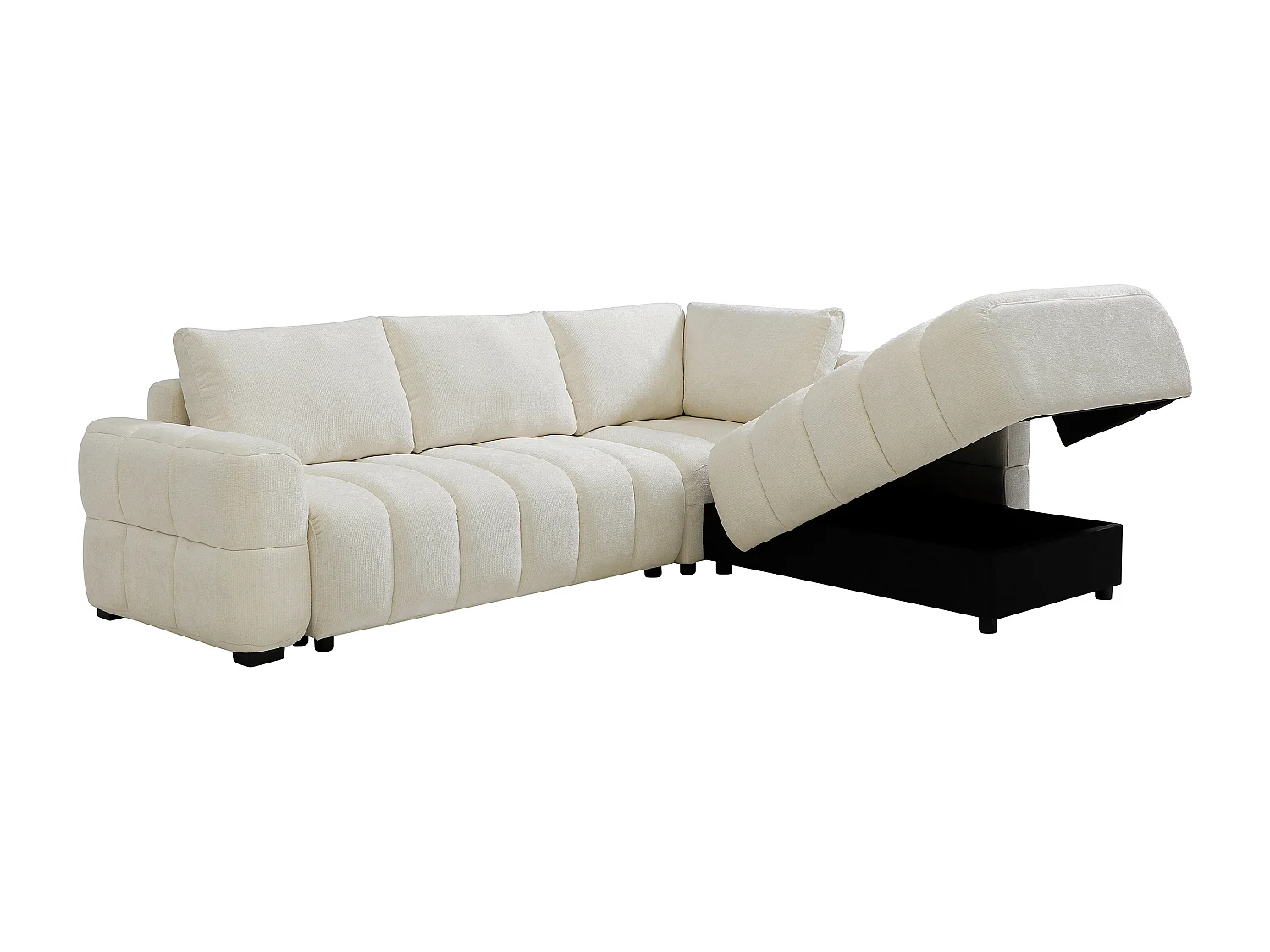 Canapé d'angle droit convertible avec dossier méridienne en tissu chenille crème CASORU