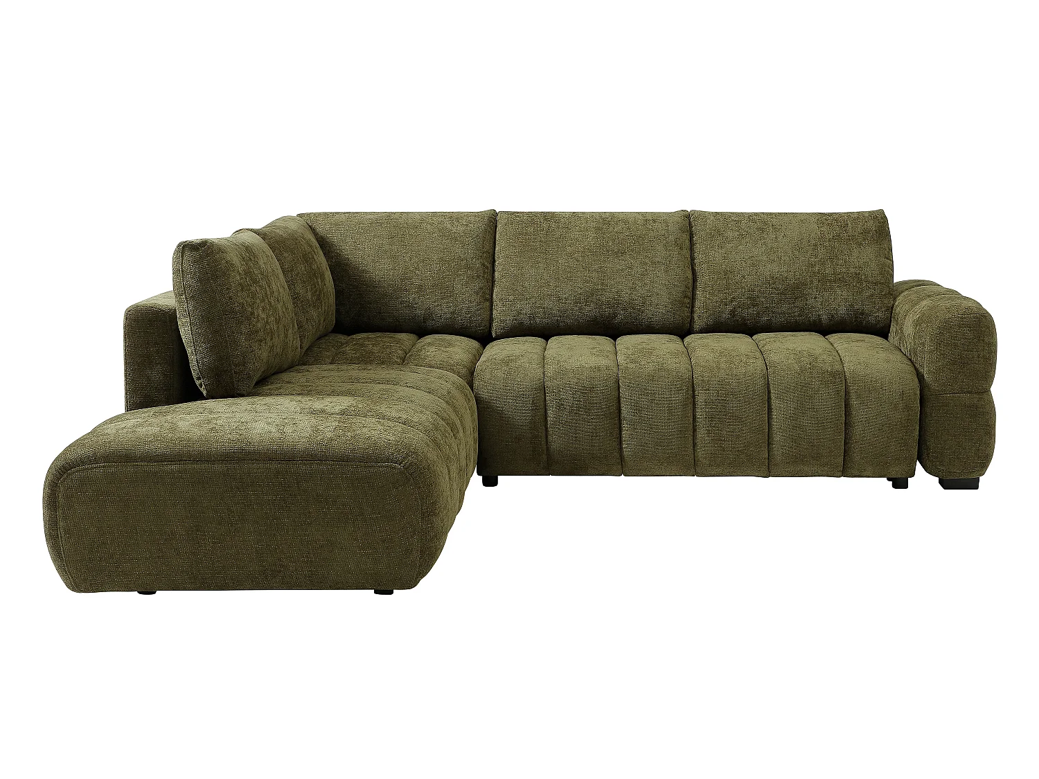 Canapé d'angle gauche convertible avec dossier méridienne en tissu chenille vert kaki CASORU