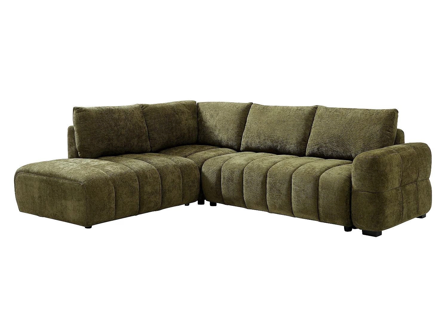 Canapé d'angle gauche convertible avec dossier méridienne en tissu chenille vert kaki CASORU