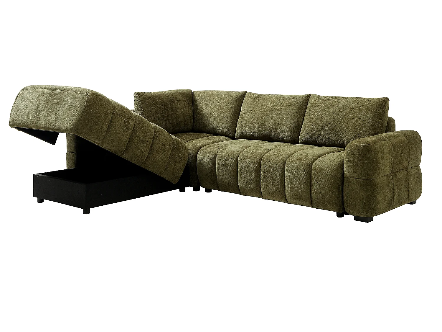 Canapé d'angle gauche convertible avec dossier méridienne en tissu chenille vert kaki CASORU
