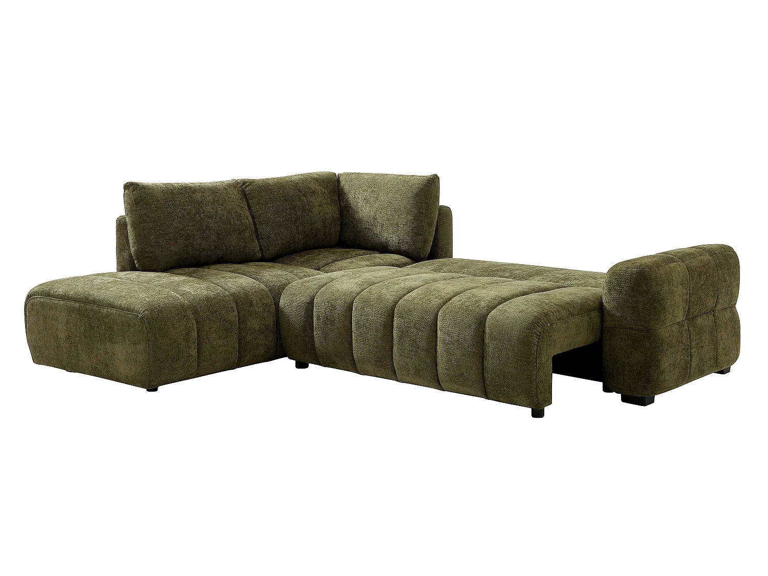 Canapé d'angle gauche convertible avec dossier méridienne en tissu chenille vert kaki CASORU