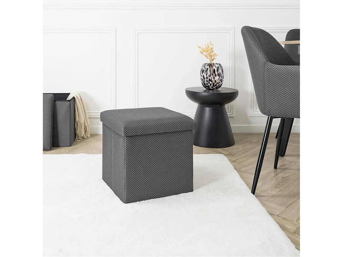 Pouf coffre carré pliable en tissu texturé maille 3D gris - ELECTRON