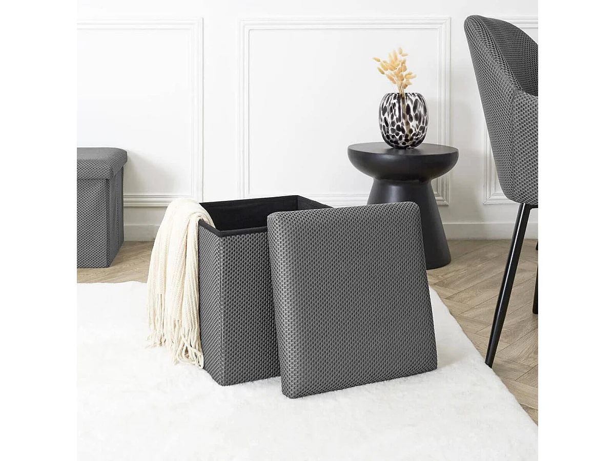 Pouf coffre carré pliable en tissu texturé maille 3D gris - ELECTRON