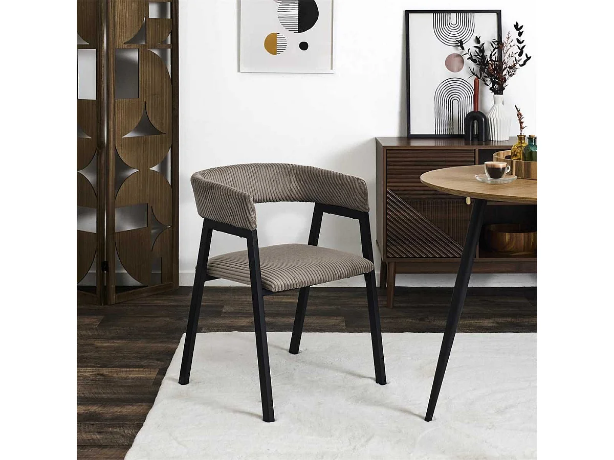 Lot de 4 fauteuils de table design en métal et velours côtelé coloris taupe - AMORY