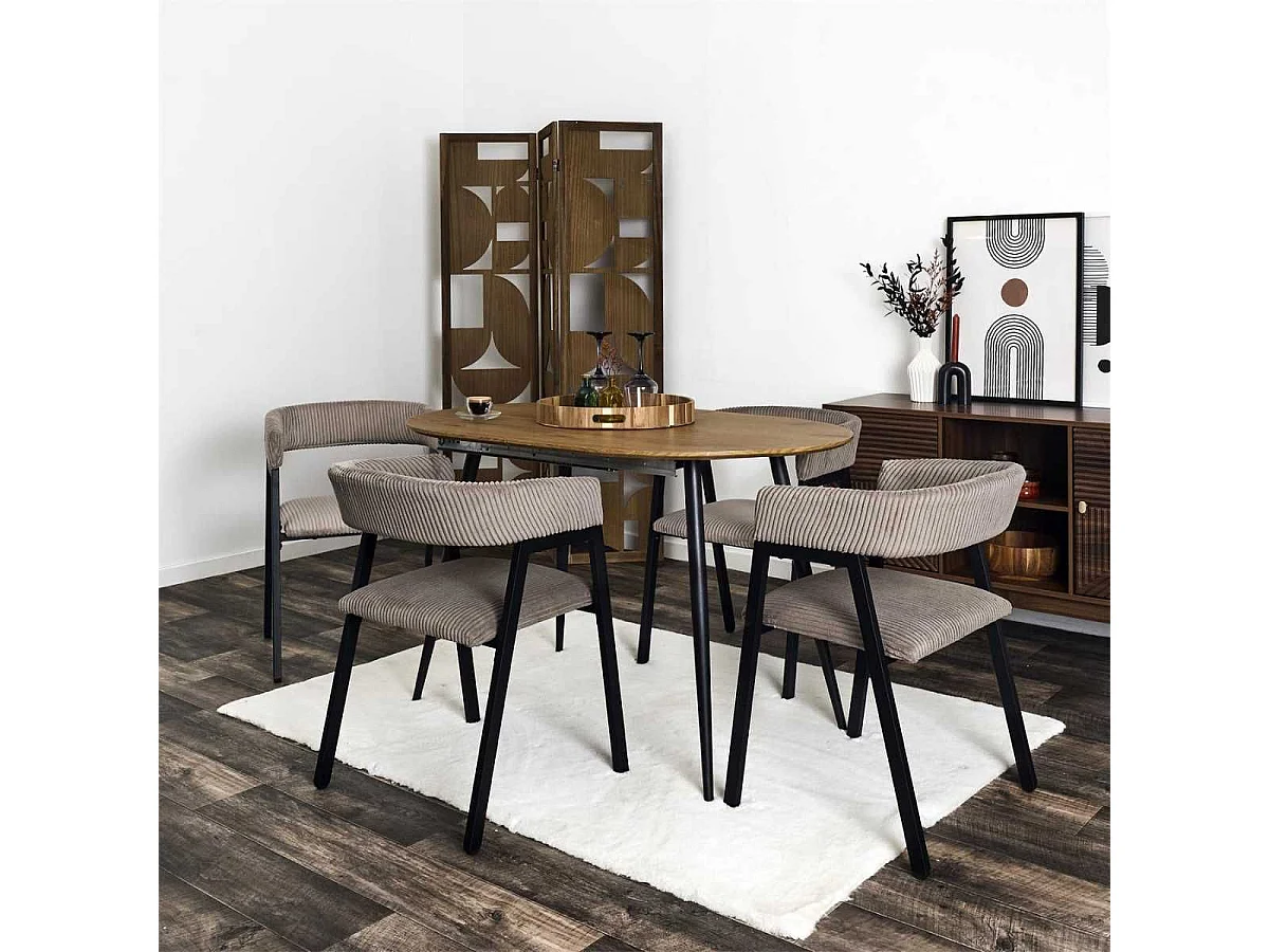 Lot de 4 fauteuils de table design en métal et velours côtelé coloris taupe - AMORY