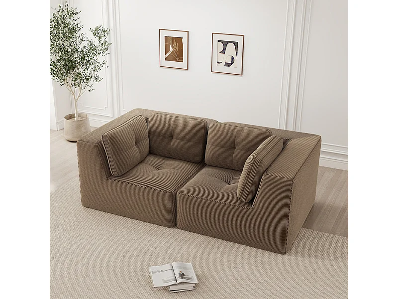 Canapé 2 places modulable en velours côtelé Marron - avec 4 coussins - 208x104x69cm
