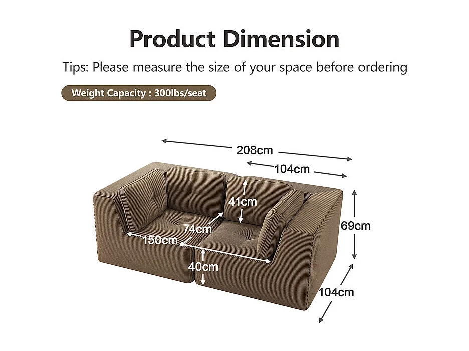 Canapé 2 places modulable en velours côtelé Marron - avec 4 coussins - 208x104x69cm