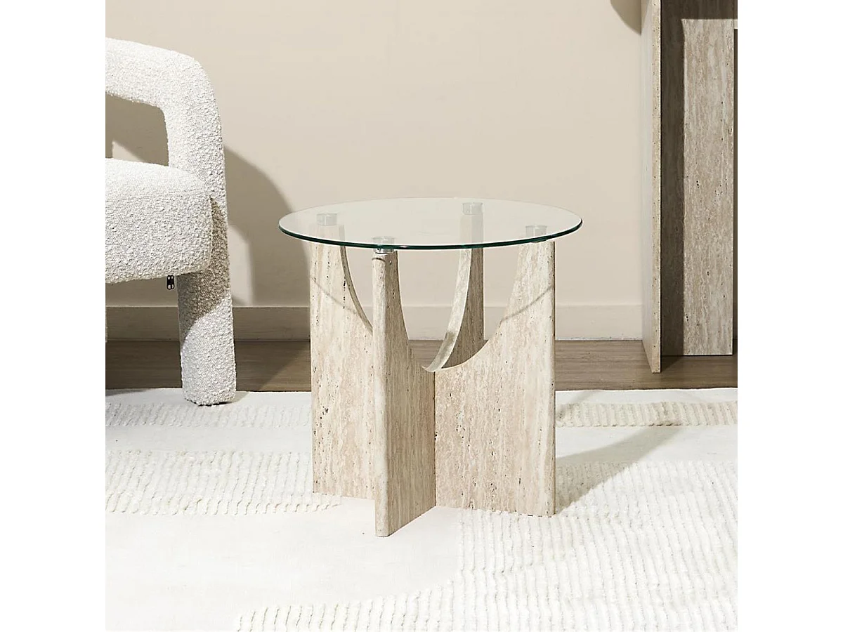Table d'appoint Ø45cm plateau verre et piétement en MDF aspect travertin - VERTINA