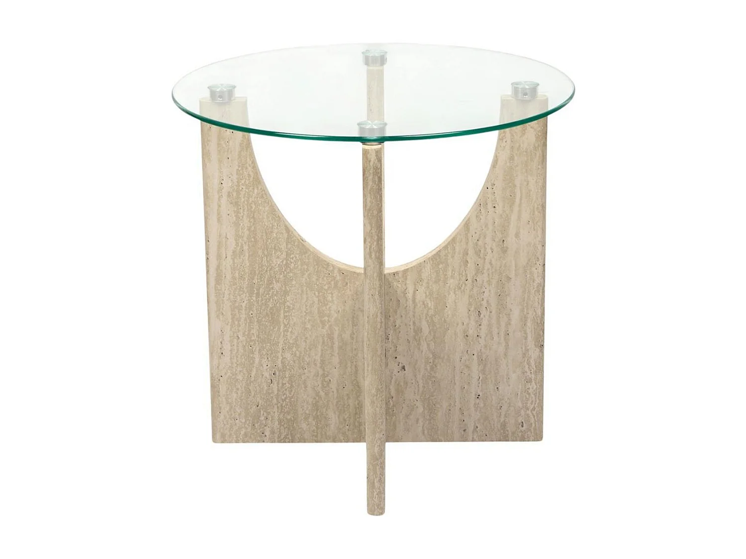 Table d'appoint Ø45cm plateau verre et piétement en MDF aspect travertin - VERTINA
