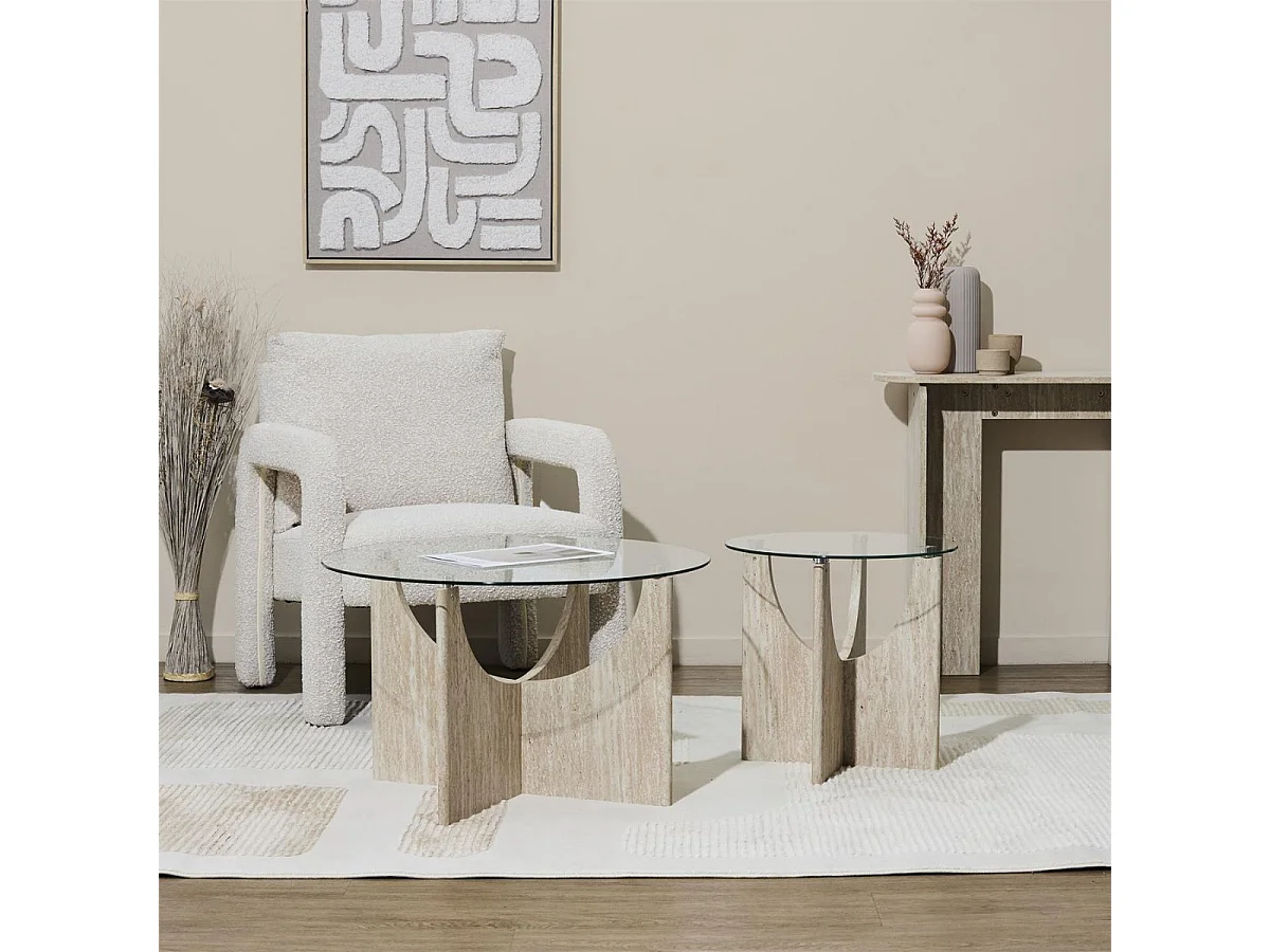 Table d'appoint Ø45cm plateau verre et piétement en MDF aspect travertin - VERTINA