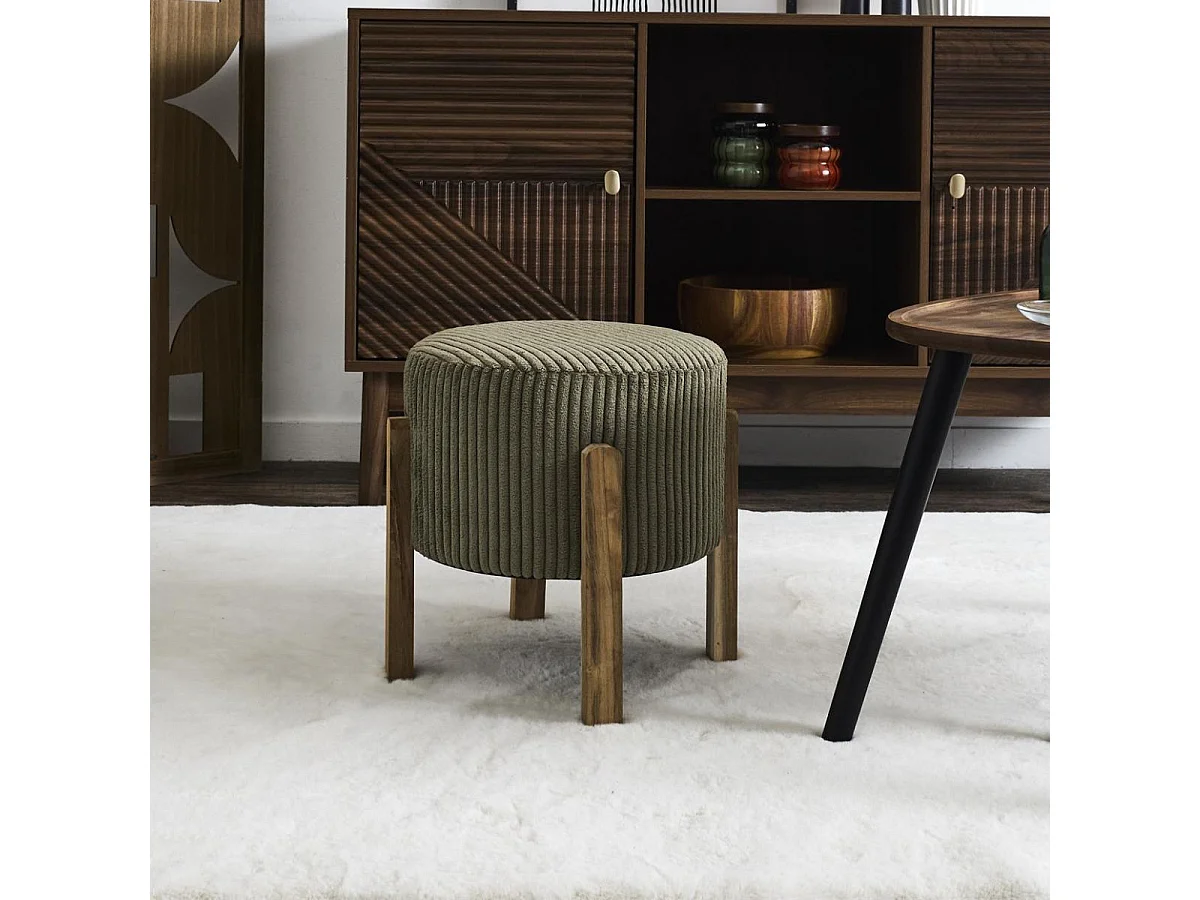 Lot de 2 Tabourets en velours côtelé coloris vert pieds en acacia - AMORY