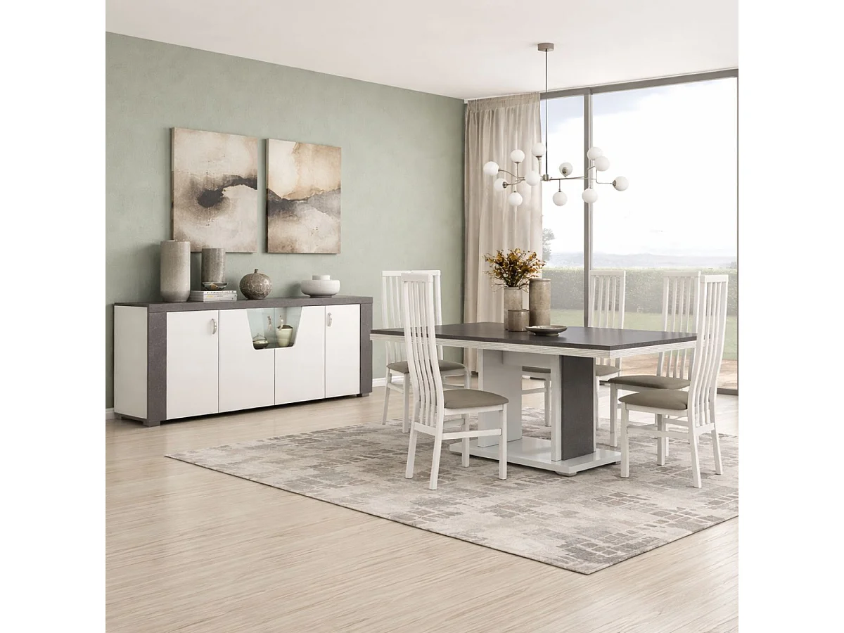 Ensemble séjour buffet et table repas blanc et imitation granit gris - NEWELL