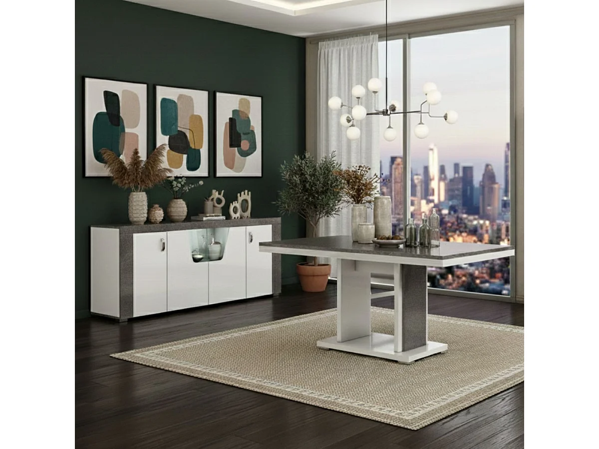 Ensemble séjour buffet et table repas blanc et imitation granit gris - NEWELL