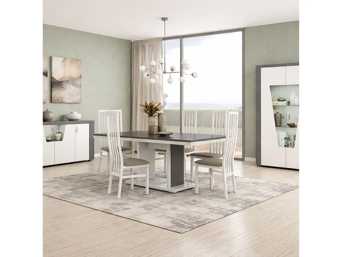 Séjour complet buffet + table repas + vitrine 2 portes blanc et imitation granit gris - NEWELL