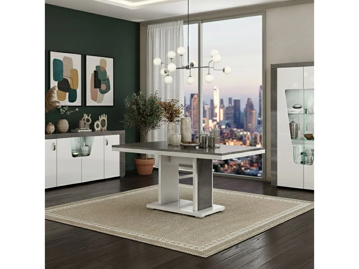 Séjour complet buffet + table repas + vitrine 2 portes blanc et imitation granit gris - NEWELL