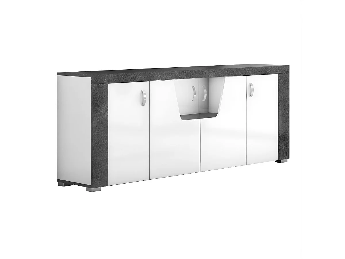 Séjour complet buffet + table repas + vitrine 2 portes blanc et imitation granit gris - NEWELL