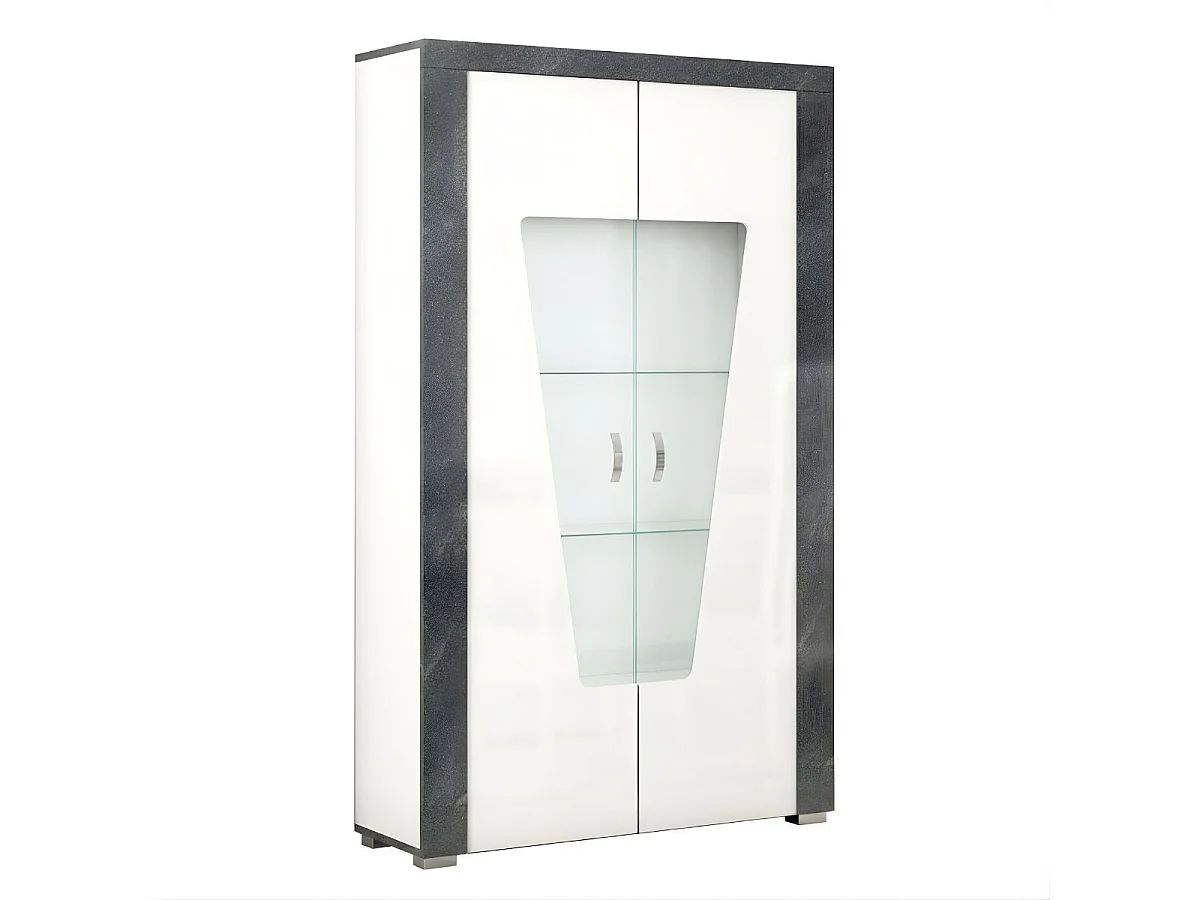 Séjour complet buffet + table repas + vitrine 2 portes blanc et imitation granit gris - NEWELL