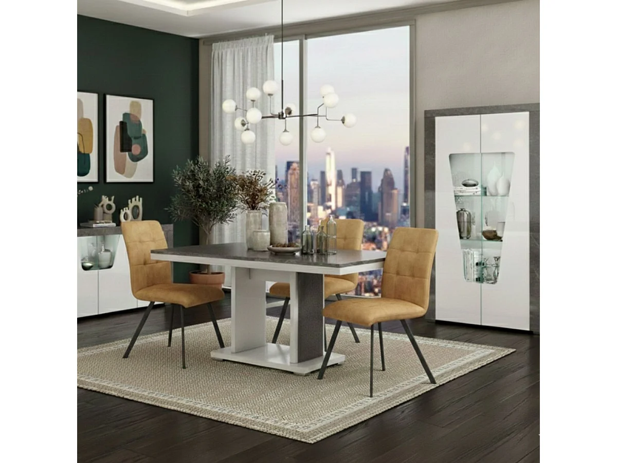 Séjour complet buffet + table repas + vitrine 2 portes blanc et imitation granit gris - NEWELL